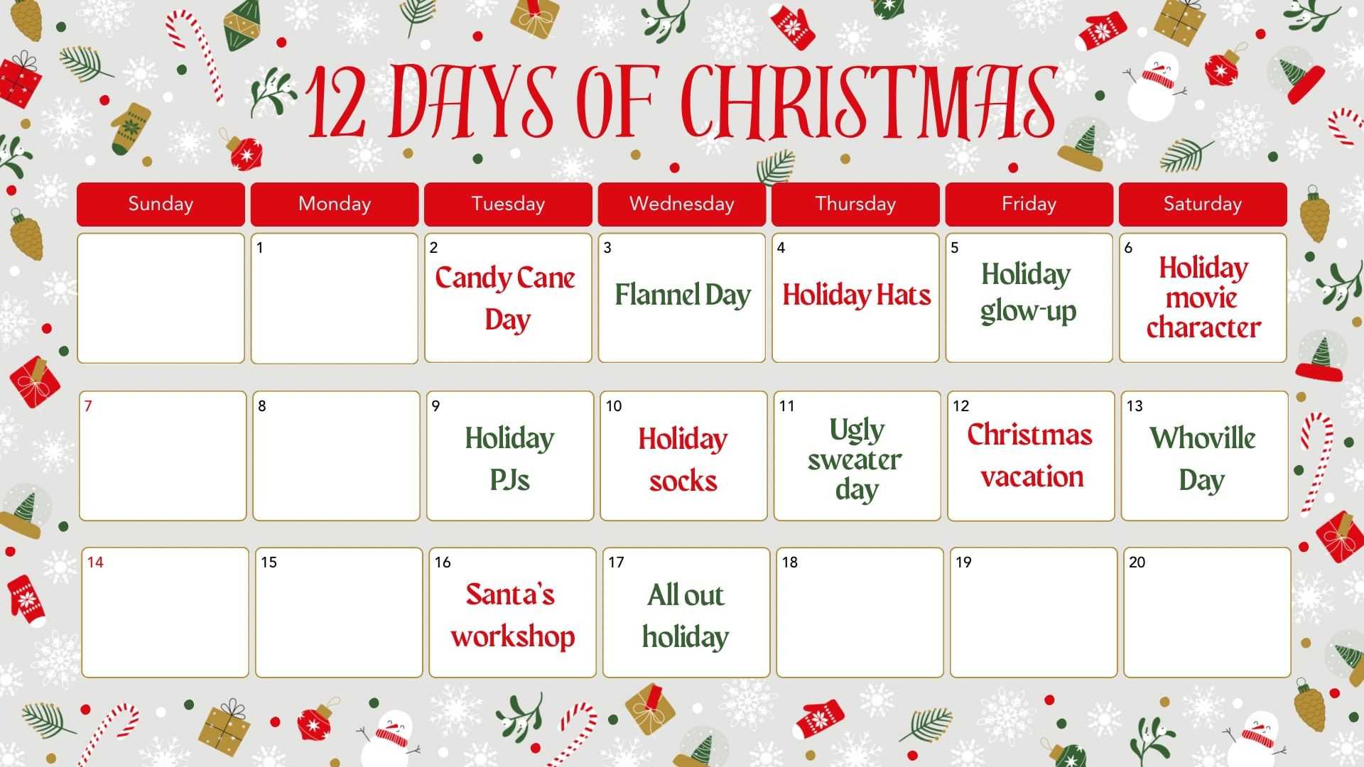 Festive calendar of themed holiday events for the 12 Days of Christmas.