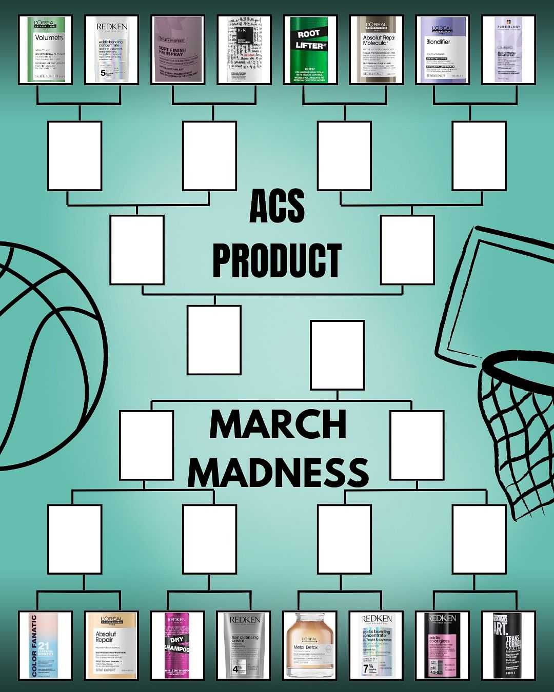 ACS product March Madness bracket with various product images and basketball theme.